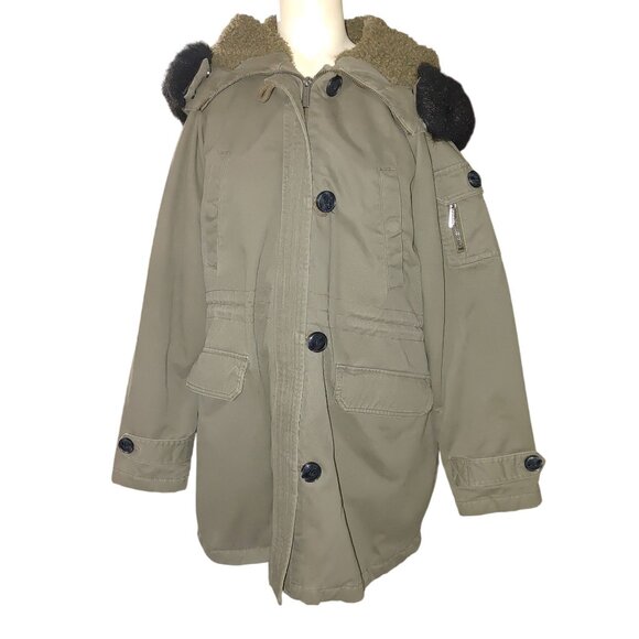 Michael Kors Hooded Parka Coat Size Large Olive Faux Fur Trim Sherpa Lining - Picture 14 of 14